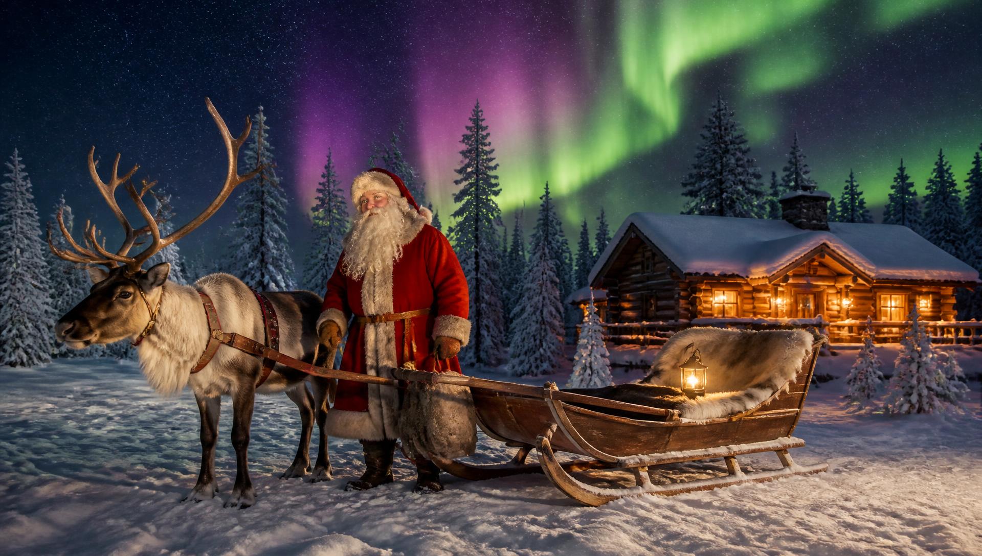 Santa Claus with reindeer and sleigh under the Aurora Borealis in a snowy Lapland forest